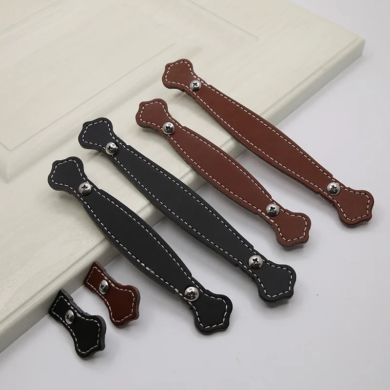 

4 Pcs/Lot Cabinet Door Open Mounted Leather Handle European Modern Wardrobe Kitchen Tv Drawer Brown
