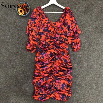 

Svoryxiu Fashion Designer Autumn Female Floral Print Vintage Mini Short Dress Women V-Neck Draped Bodycon Dresses Vestidos