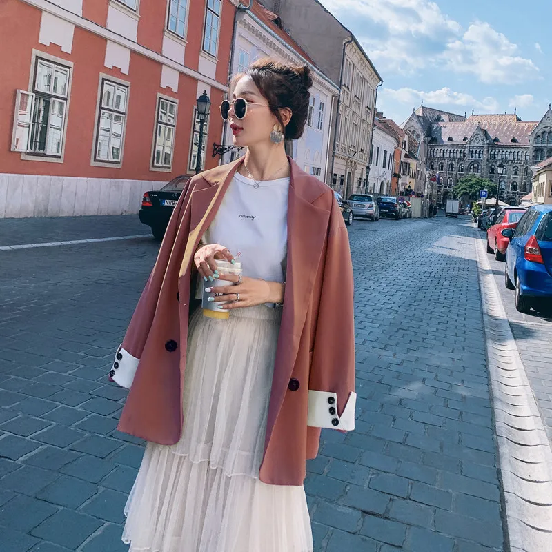 

2019 New Style Slit Sleeve Revers Suit Jacket Straight-Cut Loose-Fit Solid Color Double Breasted Small Suit Coat Women's Autumn
