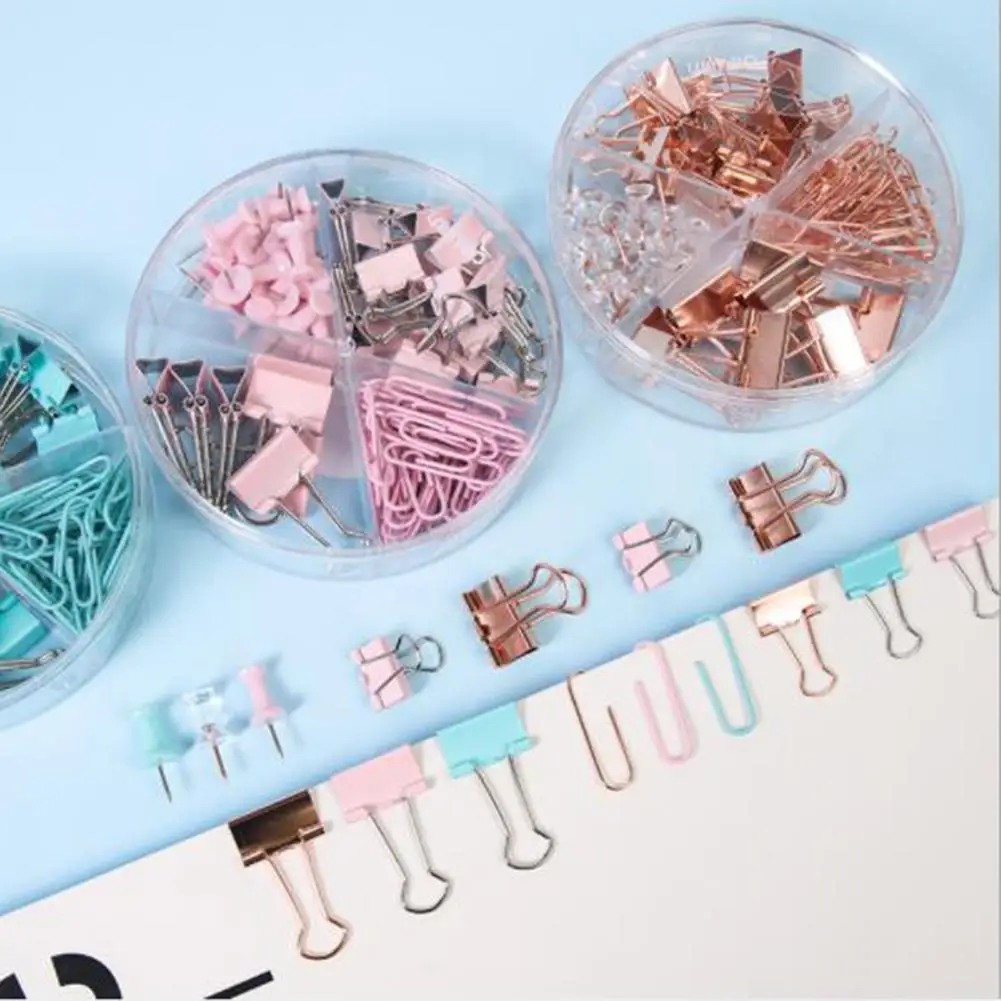 72Pcs Documents Clips Paper Clips Push Pins Sets With For Acrylic Box Light Pink/light Blue/rose Gold Clips For Office School