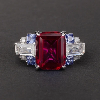 PANSYSEN 8x10 мм сапфир изумруд кольца из рубинового драгоценного камня для женщин 925 пробы серебро Юбилей вечерние ювелирные изделия кольцо - Цвет камня: Красный