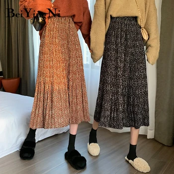 

Beiyingni Polka Dot Printed Pleated Midi Skirt Women High Waist Maxi Long Korean Retro Harajuku Skirts Saias Jupes Femme Faldas