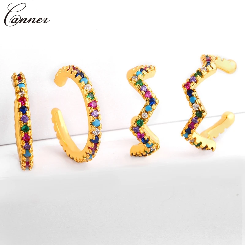 

Rainbow Zircon Cuff Earrings for Women Gold Circle Wave Ear Cuffs Colorful CZ Crystal Clip Earings 2019 No Pierced Jewelry Q40