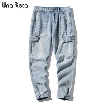 

Una Reta Jeans Men Fashion Hip Hop Mens Denim Joggers Street Style Elastic Waist Washed Streetwear Velcro Trousers Mens Jeans