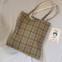 

Plaid Women Simple Shoulder Bag Soft Cloth Fabric Handbag Large Capacity Cotton Grocery Tote Canvas Book Bags For Young Girls