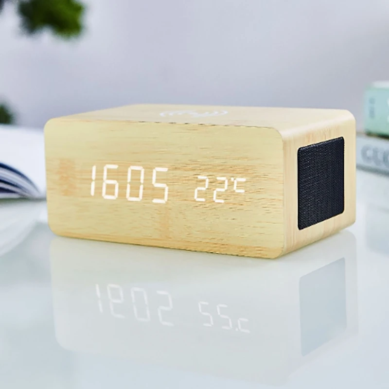 Бамбуковый Деревянный Будильник с bluetooth-динамиком, голосовое управление, светодиодный, цифровые часы, Беспроводная зарядка, телефон, деревянный температурный стол