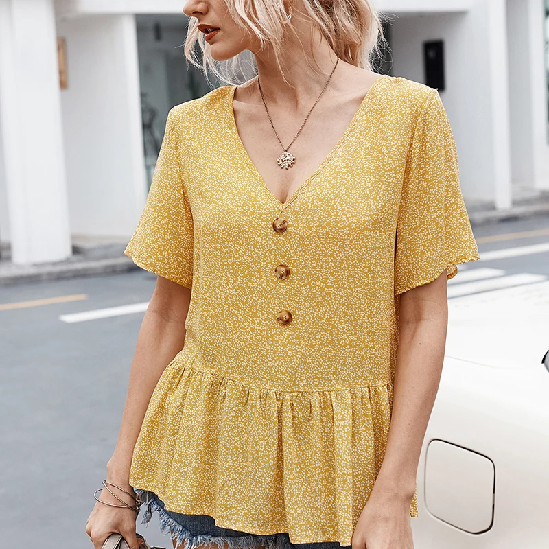 

Women Blouse Summer Female Casual Fashion Solid Color V-Neck Short Sleeve Cotton Tops New Women's Clothing