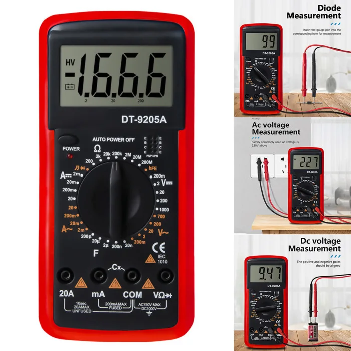 DT9205A Цифровой мультиметр с ЖК-дисплеем ручной AC DC Автоматический Диапазон мультиметр Амперметр Омметр Измеритель сопротивления емкости J