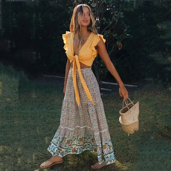 

Casual Bohemian Style Floral Print Long Skirts Women 2020 Summer Elastic Waist Ruffle A-Line Skirts New Ankle-Length Beach Skirt
