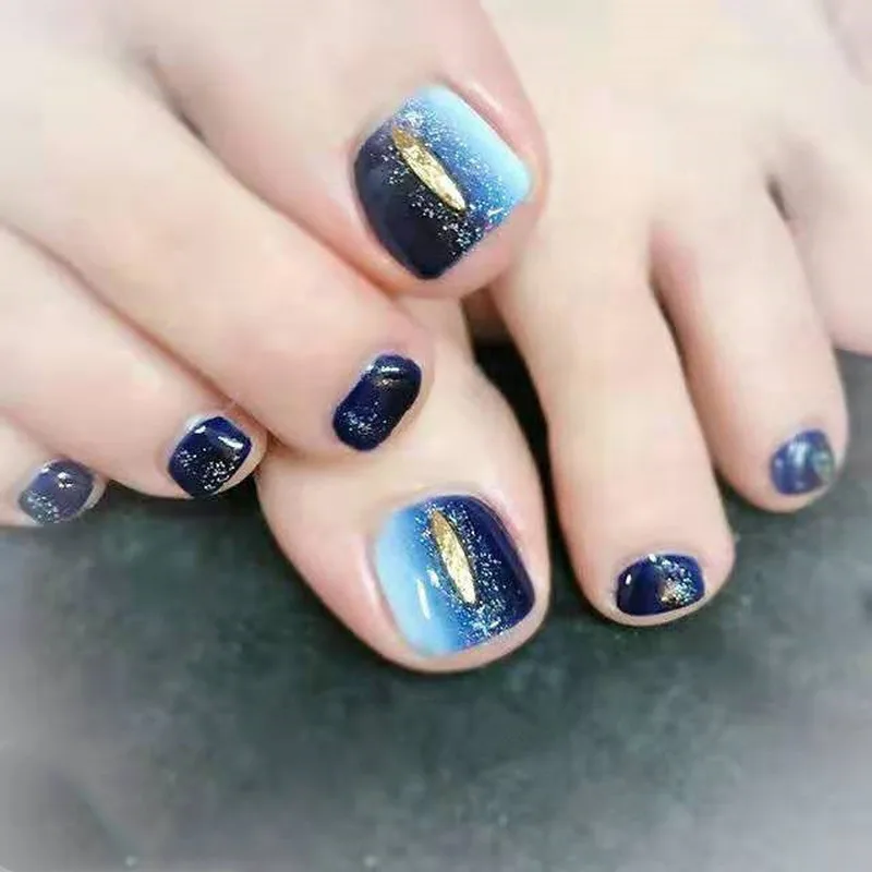 

24 Pcs Fashion Fake Nails Blue Black Gradient Color Foot Full Toes Nail Art False Nails For Lady Girls Toenails Patch With Glue