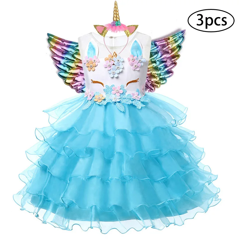 Новое платье для девочек, 3 предмета, Детские платья для девочек, вечерние платья с единорогом, карнавальный костюм на Рождество, детское платье принцессы для 3, 5, 6, 8, 9, 10 лет - Цвет: Blue