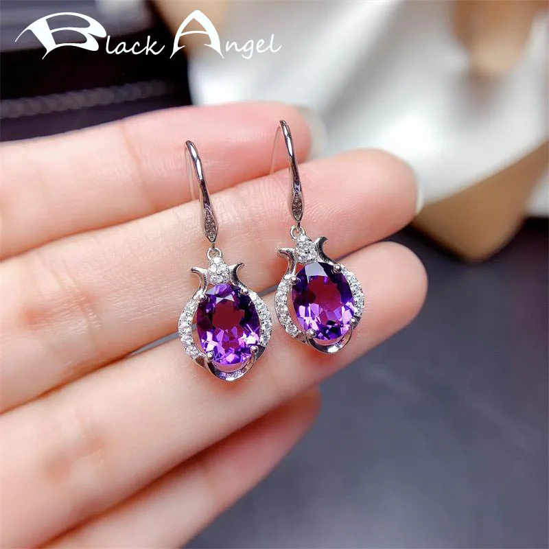 

BLACK ANGEL 925 Sterling Silver Mysterious Purple Fire Drop Earrings For Women Amethyst Gemstone Earrings Jewelry Gift Wholesale