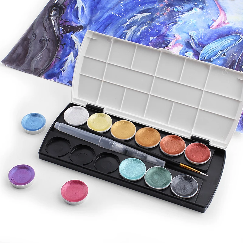 

Art 12 Color Metallic Watercolor Paint Set Gold Paint Watercolors With Water Brush for Painting Water Color Pigment Art Supplies