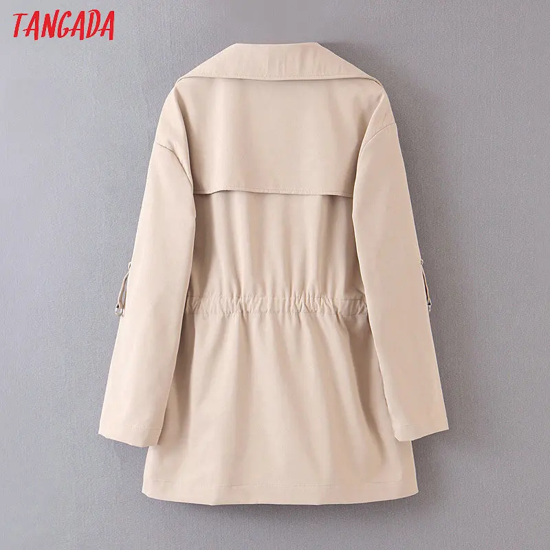 Tangada women solid trench coat elegant elastic waist pocket female khaki windbreaker outwear korean fashion SL71