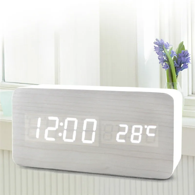 

LED Wooden Alarm Clock Watch Table Voice Control Digital Wood Clock Electronic Desktop Clocks Table Decor USB/AAA Powered