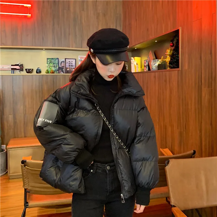 

Korean-style Winter New Style Fashion Loose Thick Bright Surface Short down Coat Women's Versatile Zipper Students Cotton Overco