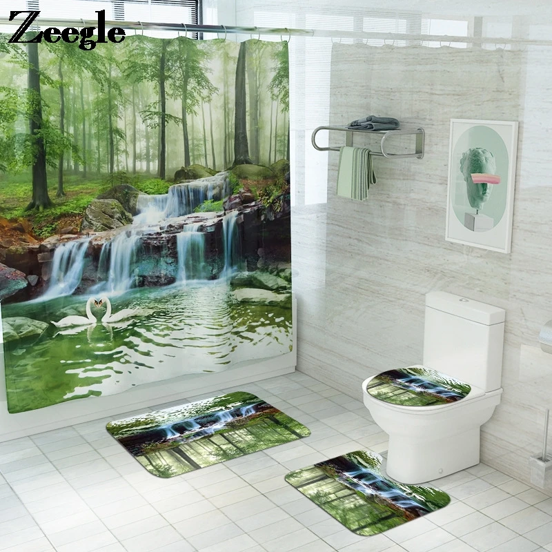 Green Scenic Pattern Bath Mat for Bathroom with Shower Curtain Non Slip Toilet Bathroom Bath Mat Shower Room Foot Mat Bath Rugs