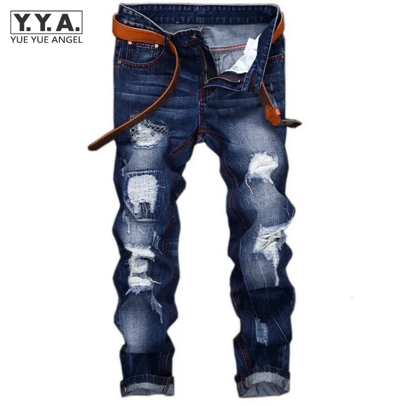 Denim Индивидуальные мужские джинсы в стиле панк, рваные джинсовые штаны с дырками, модные ковбойские Ретро Панталоны с вышивкой - Цвет: Denim