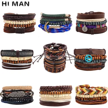

10 Styles Trendy Vintage Multilayer Handmade Leather Bracelets Leaf Anchor Aircraft Wood Beads Bracelets & Bangle Wholesale