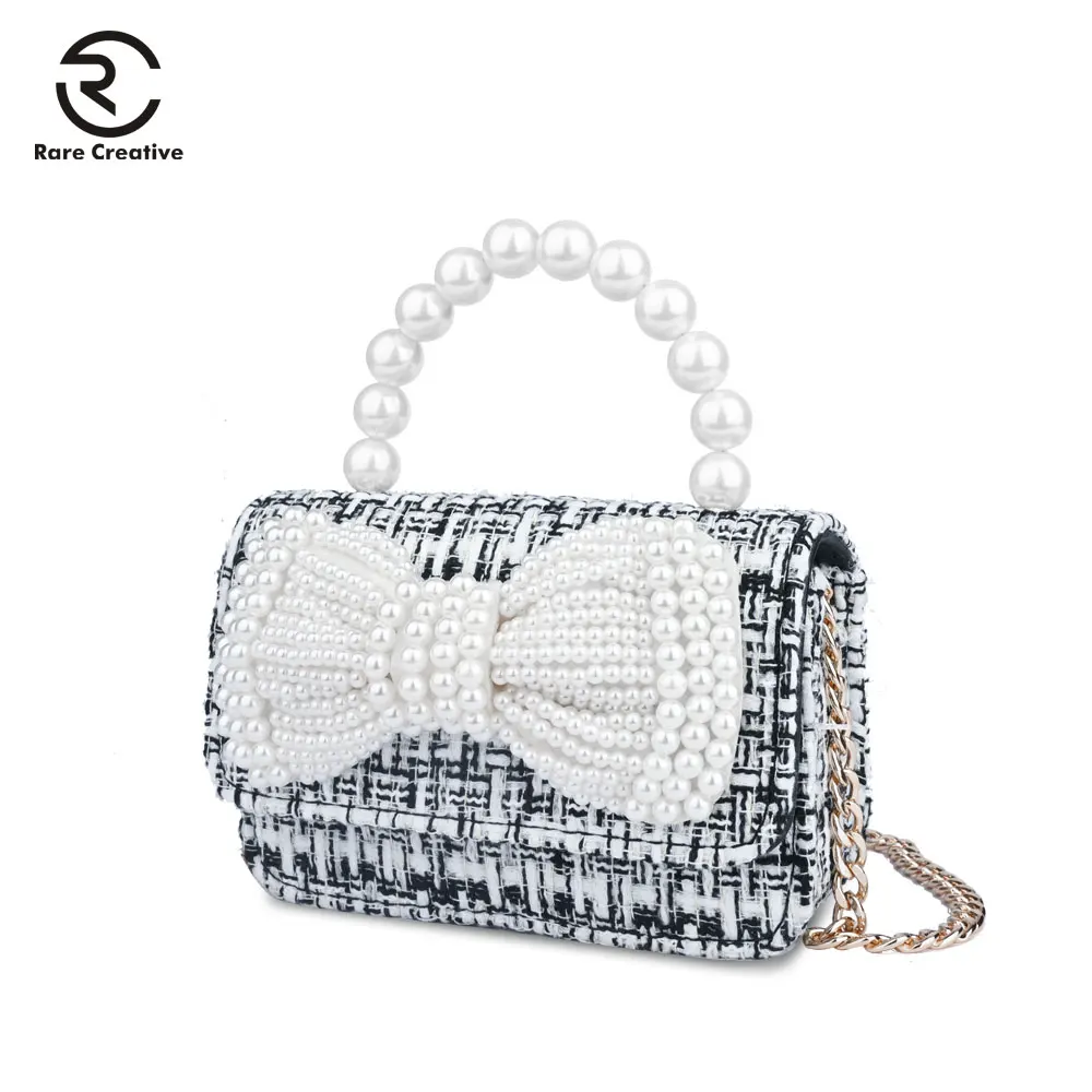 

RARE CREATIVE Bow Pearl Small Crossbody Bag Top-handle Tote Bag Woolen Design Handbag Lovely Mini Bag For Girls Bolsa Bag HS8045