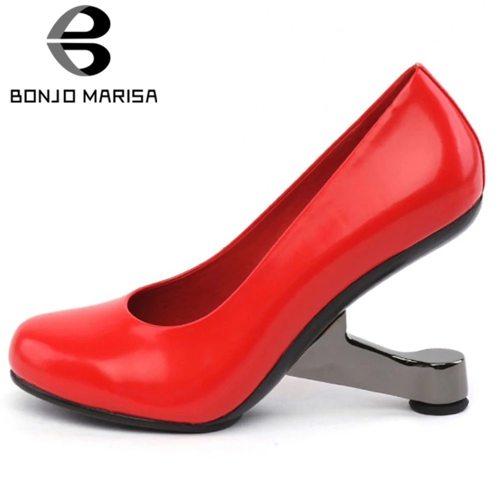 

BONJOMARISA genuine leather solid female pumps round toe style strange band pumps women slip on casual bridal shoes woman