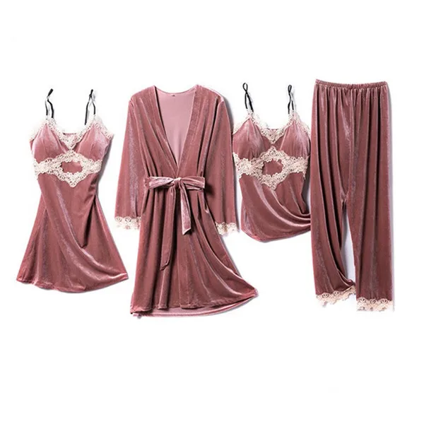 

Autumn Winter Women Solid Velvet Lace Cardigan Suits Camisole Pants 4pcs Pajamas Sets Sleep Pleuche Pijama Pyjamas Homewear