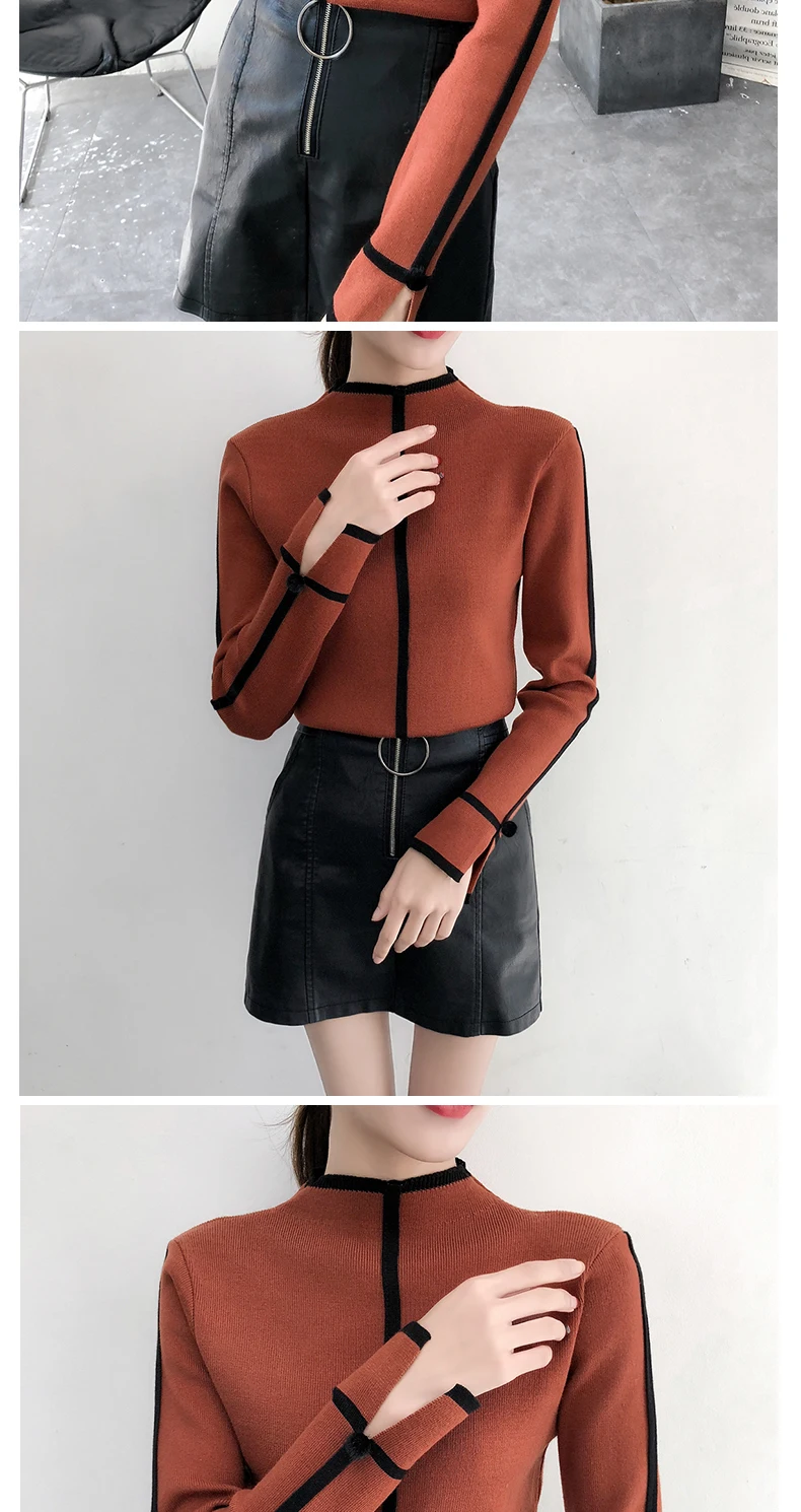Neploe Pull Femme, контрастные цвета, вязаные пуловеры, длинный рукав, половина водолазки, трикотаж, модные тонкие корейские джемпера 55421