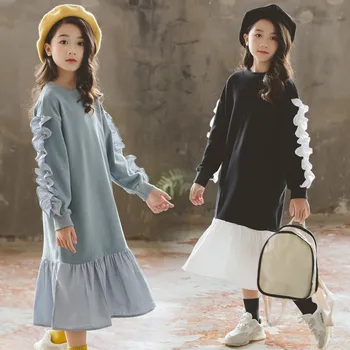 

4 to 16 years kids & teens girls ruffles on sleeve color block long sleeve cotton casual autumn winter flare dress child clothes