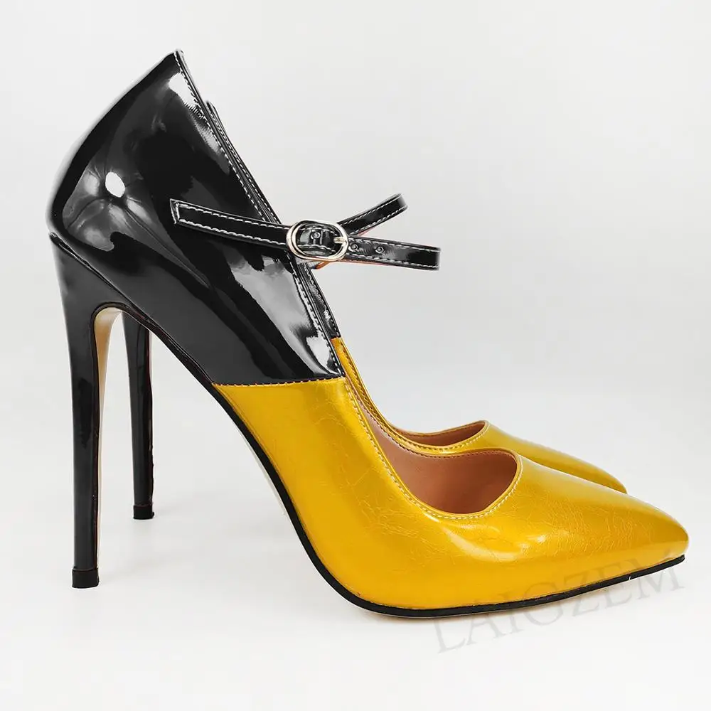 LAIGZEM/; женские туфли-лодочки Mary Jane на каблуке-шпильке в стиле пэчворк; классические модельные туфли; Tacones Zapatos; большие размеры 38, 45, 47 - Цвет: Gold-Black