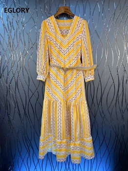 

100%Cotton Long Dress 2020 Spring Summer Style Women V-Neck Striped Floral Print Long Sleeve Casual Long Maxi Dress Yellow Pink