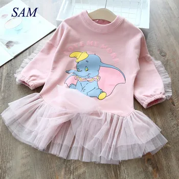 

2020 autumn children's clothing girls long sleeve princess dresses cartoon printed sweater stitching mesh dress for kids