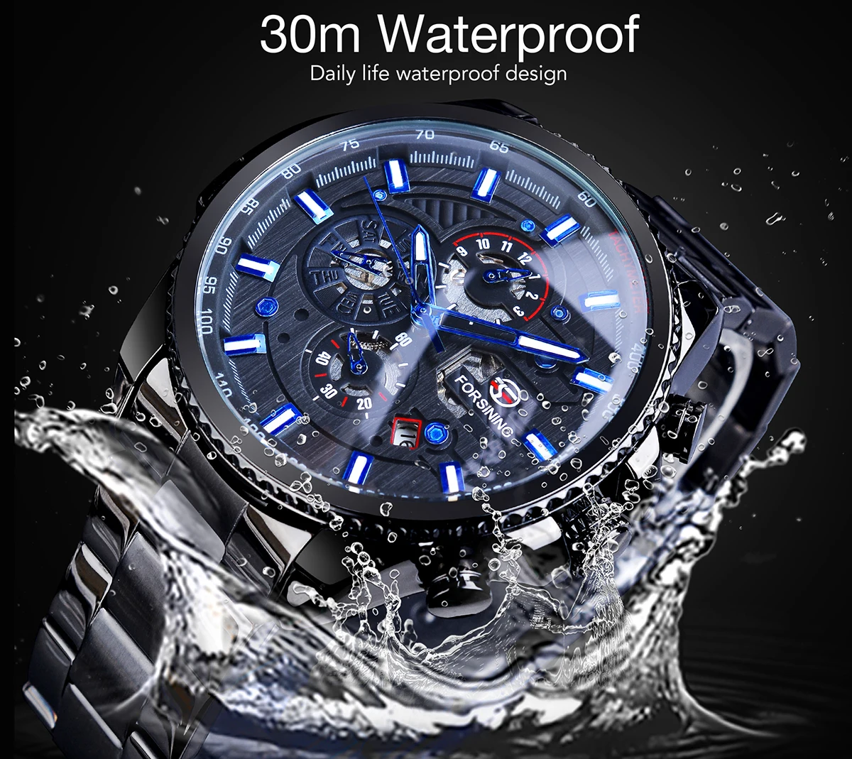 Forsining Black Automatic Self Wind Men Military Wrist Watches Waterproof 3 Dials Men's Mechanical Watch Calendar Clock Luminous