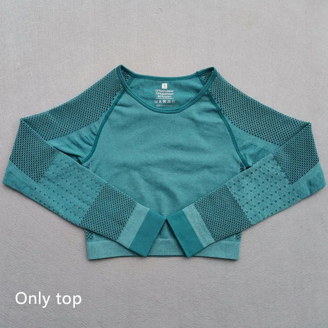 Green top Новинка, бесшовный комплект для йоги, спортивная одежда для тренировок, женские спортивные Леггинсы с высокой талией+ обрезанная рубашка с длинным рукавом, спортивная одежда для бега - Цвет: Green top