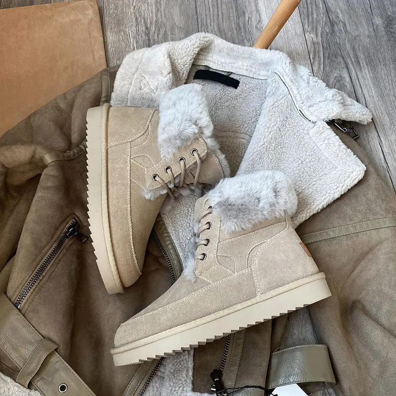 BeauToday Snow Boots Women Cow Suede Leather Lace Up Ankle Boots Warm Wool Ladies Winter Fur Shoes Handmade 08204