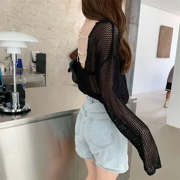 

L Summer New Style Crew Neck Hollow out Long Sleeve Blouse Sexy Backless Pearl