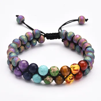 

Natural Stone 7 Chakra Amethyst Turquoise Black Lava Rock Beaded Double-layer Bracelet Handmade Rope Weave Bracelets for Women