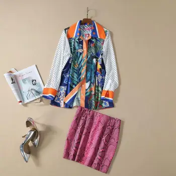 

Spring 2020 for European and American women's wear Long-sleeved wave point tiger print shirt Snakeskin skirt Fashion suits