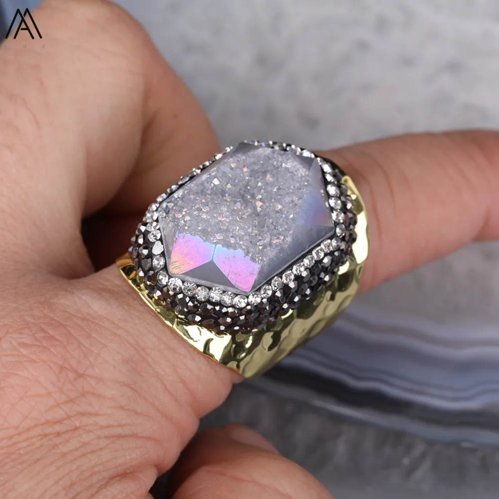 5PCS Random Color Freeform Druzy Drusy Stone Gold Copper Rings,Fashion Men Druzy Agates Paved Rhinestone Rings Jewelry HS-19AMAI