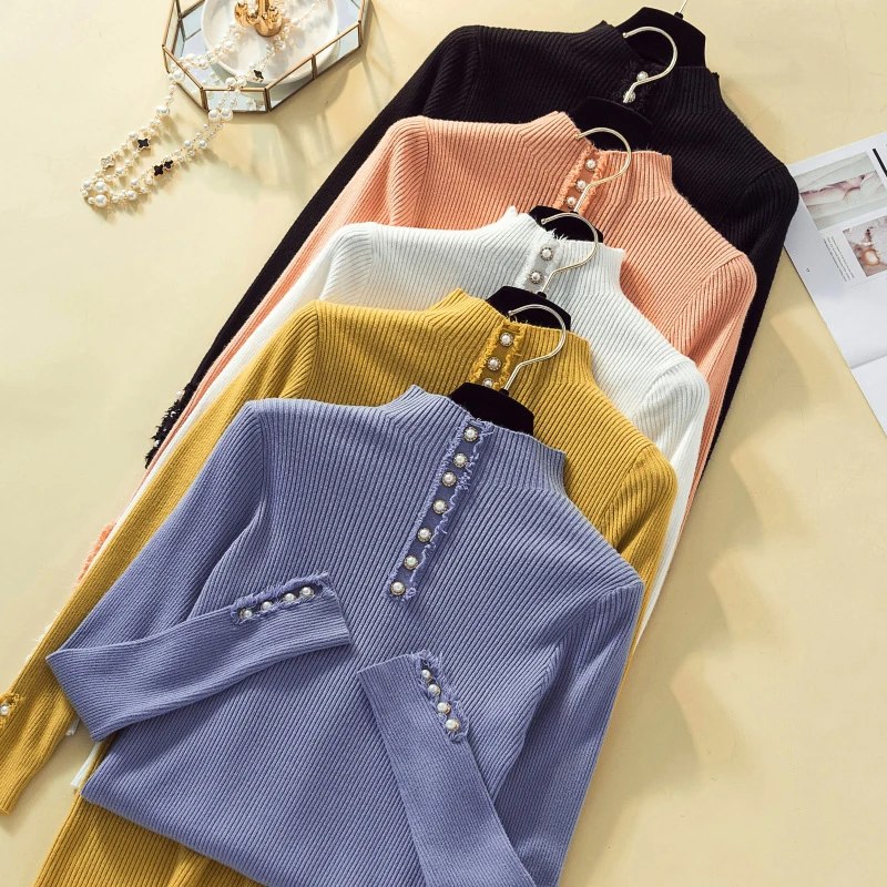 

Fashion Beading Turtleneck Sweater Women Autumn Winter Solid Knitted Pullover Women Slim Soft Jumper Sweater Female Knit Tops