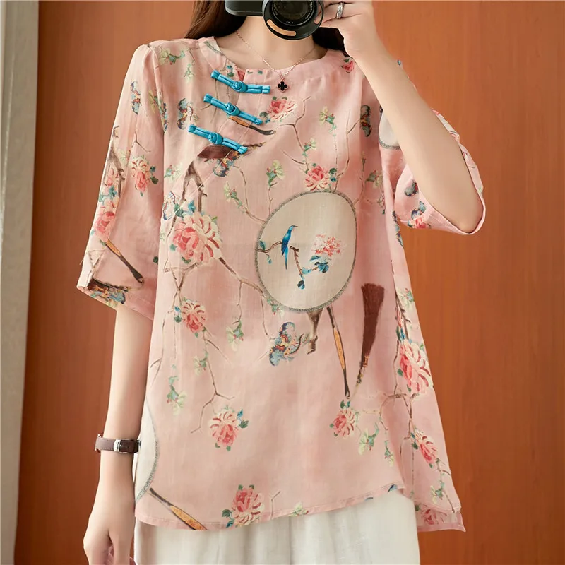 

Lady Retro Chinese Style Hanfu Tops Traditional Elegant Women Blouse Fashion Oriental Clothing Cotton Linen Print Zen Tea Shirts