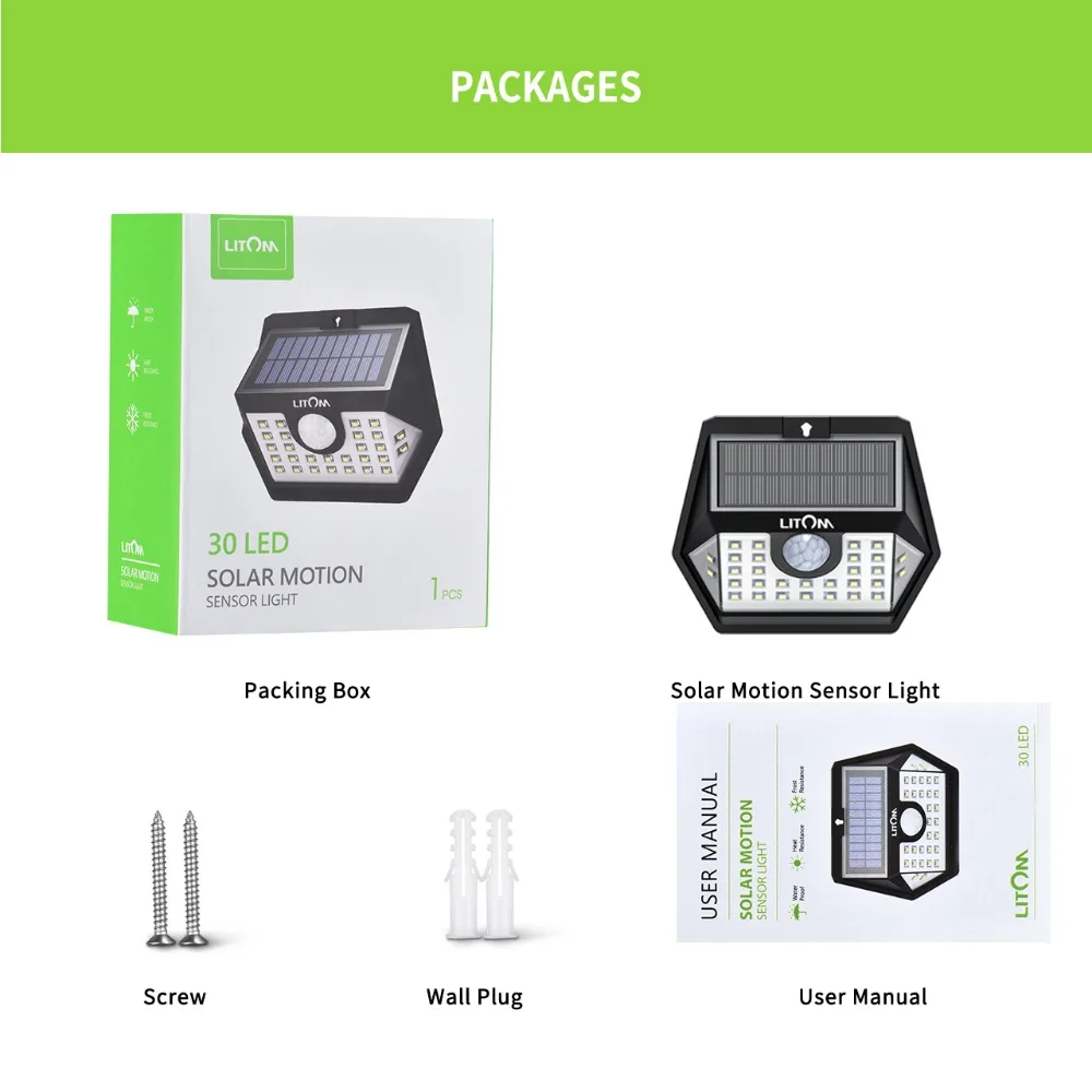 LITOM 30 LED Solar Garden Motion Sensor Light IP65 Waterproof Outdoor Lights with 3 Lighting Mode 270° Wide-angle Luz Solar Led (7)