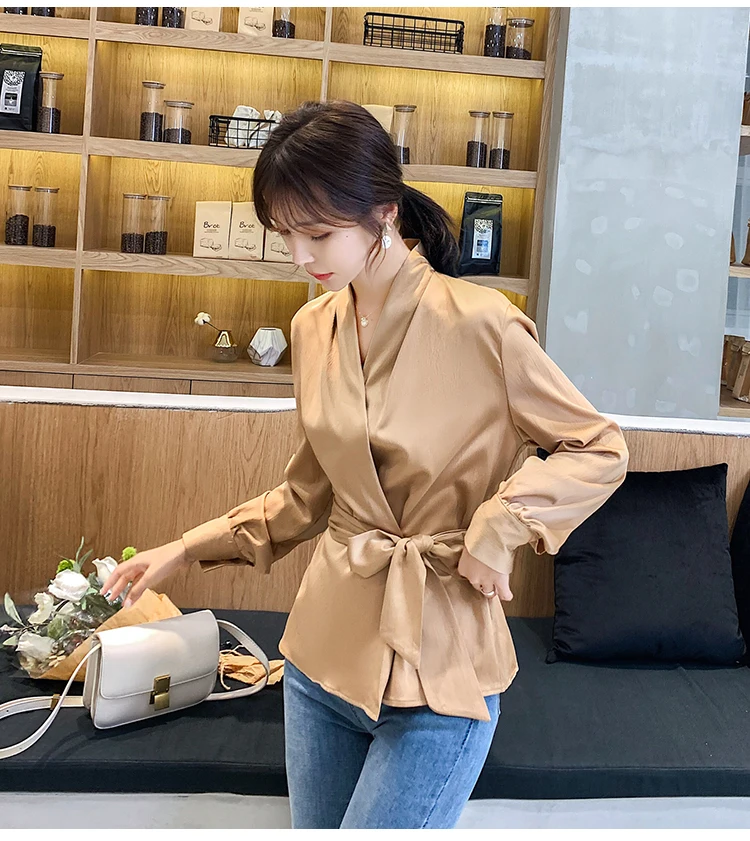 Осенняя атласная Женская блузка с длинными рукавами и v-образным вырезом, элегантная Рабочая Рубашка, топы, корсет со шнуровкой, атласные блузки