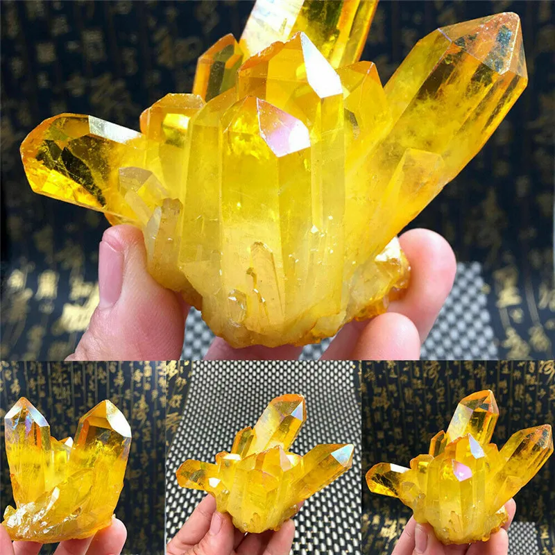 

Electroplated Crystal Cluster Yellow Electroplating Crystal Cluster Skeletal Quartz Point Wand Mineral Healing Crystal