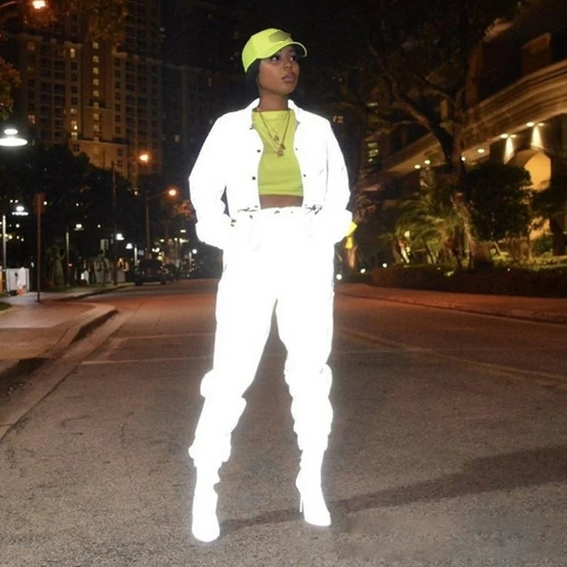 

Women Sexy Reflective Tracksuit Night Version Buttons Turn Down Collar Long Sleeve Crop Top + Casual Pants Two Piece Set
