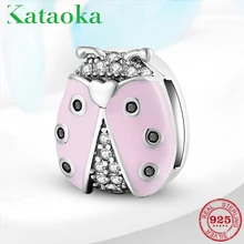 925 пробы серебристо-розовый DIY Форма Божья коровка с сверкающими фианитами клип бусины подходят оригинальные отражения талисманы браслет DIY ювелирные изделия