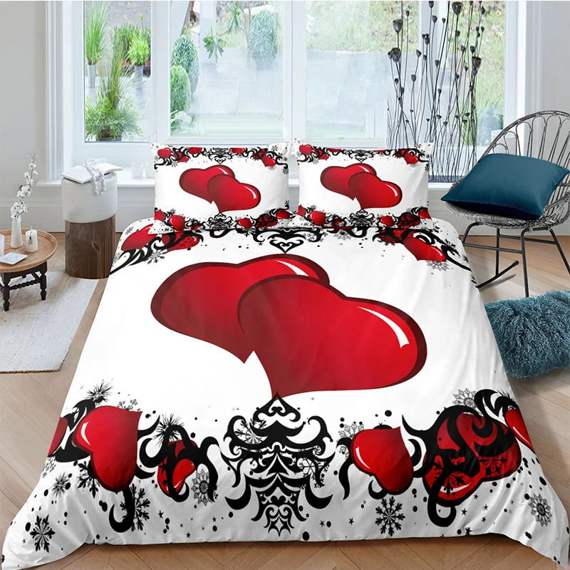 Red Love Heart Print Duvet Cover Sets Nordic Bedding Set Quilt Pillowcase Single Twin Full Queen King Size Bed | Дом и сад