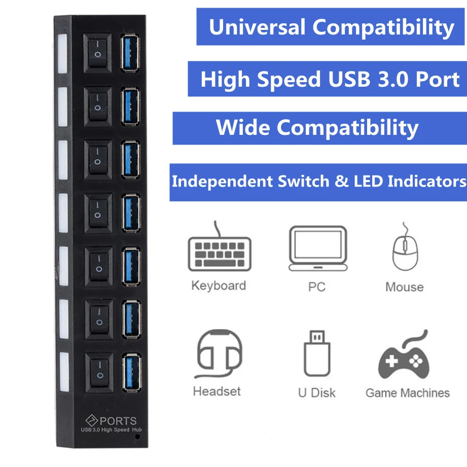 USB 3.0 Hub USB Hub 3.0 Multi USB Splitter 3 Hab Use Power Adapter 7 Port Multiple Expander 3.0 USB3 Hub with Switch for PC
