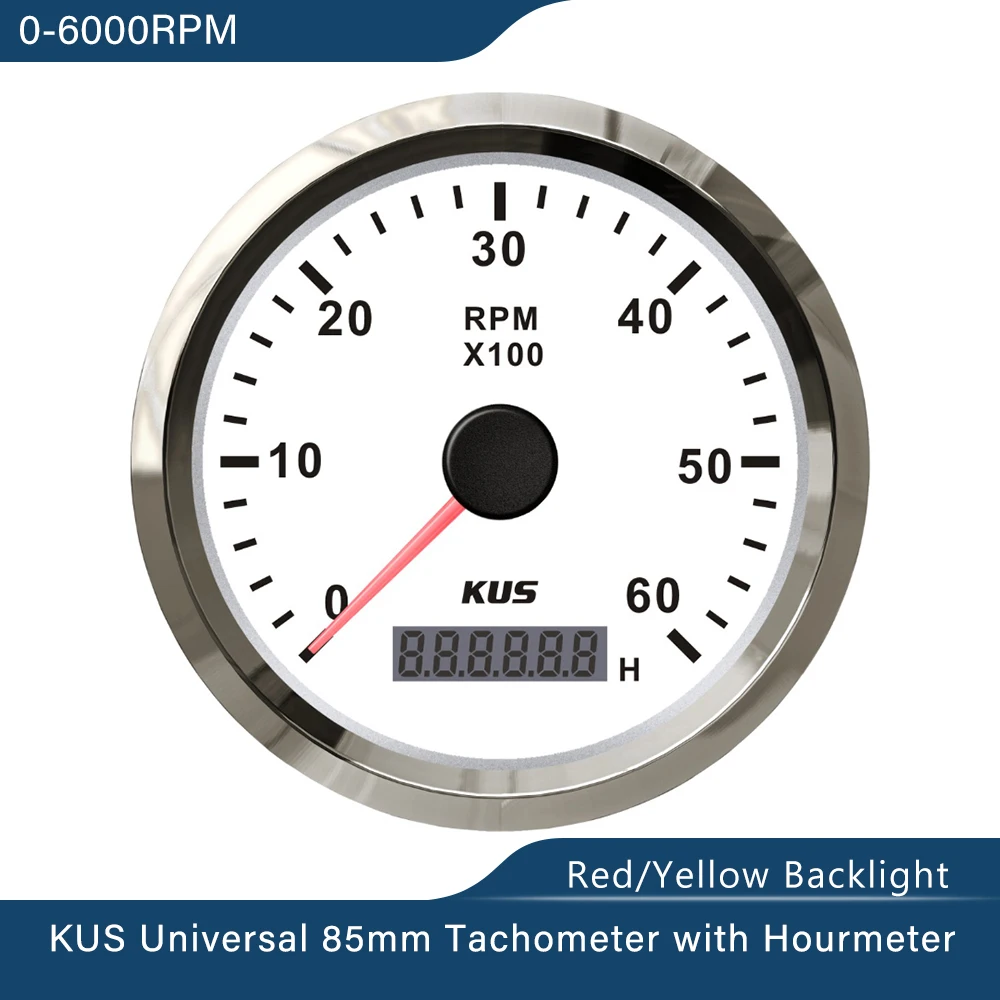 KUS 85mm Tachometer RPM Gauge REV Meter with Hour Meter 3000RPM 4000RPM 6000RPM 8000RPM 12V/24V with Red Yellow Backlight