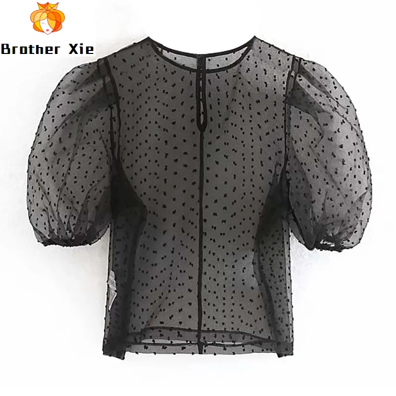 

Women Dot Print Sexy Organza Blouses Stylish O Neck See Through Blouse Shirts 2020 Short Sleeve Transparent Party Blouses Tops
