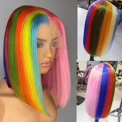 180% Density Rainbow Lace Front Wigs Short Bob Colored Human Hair Wig Remy Hair Transparent Lace Wigs With Baby Hair For Women